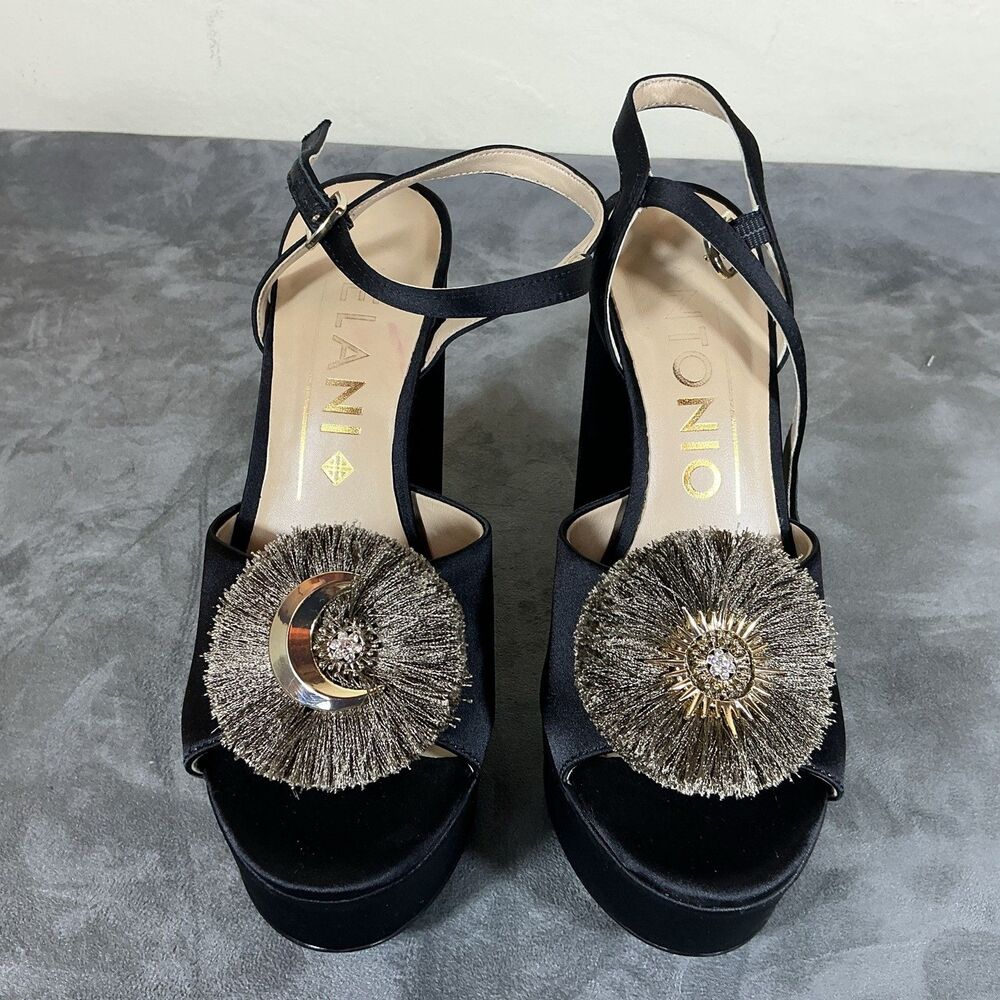 Antonio Melani Platform Heels Black Fringe Sun Moon And The Stars Gold 7.5 M